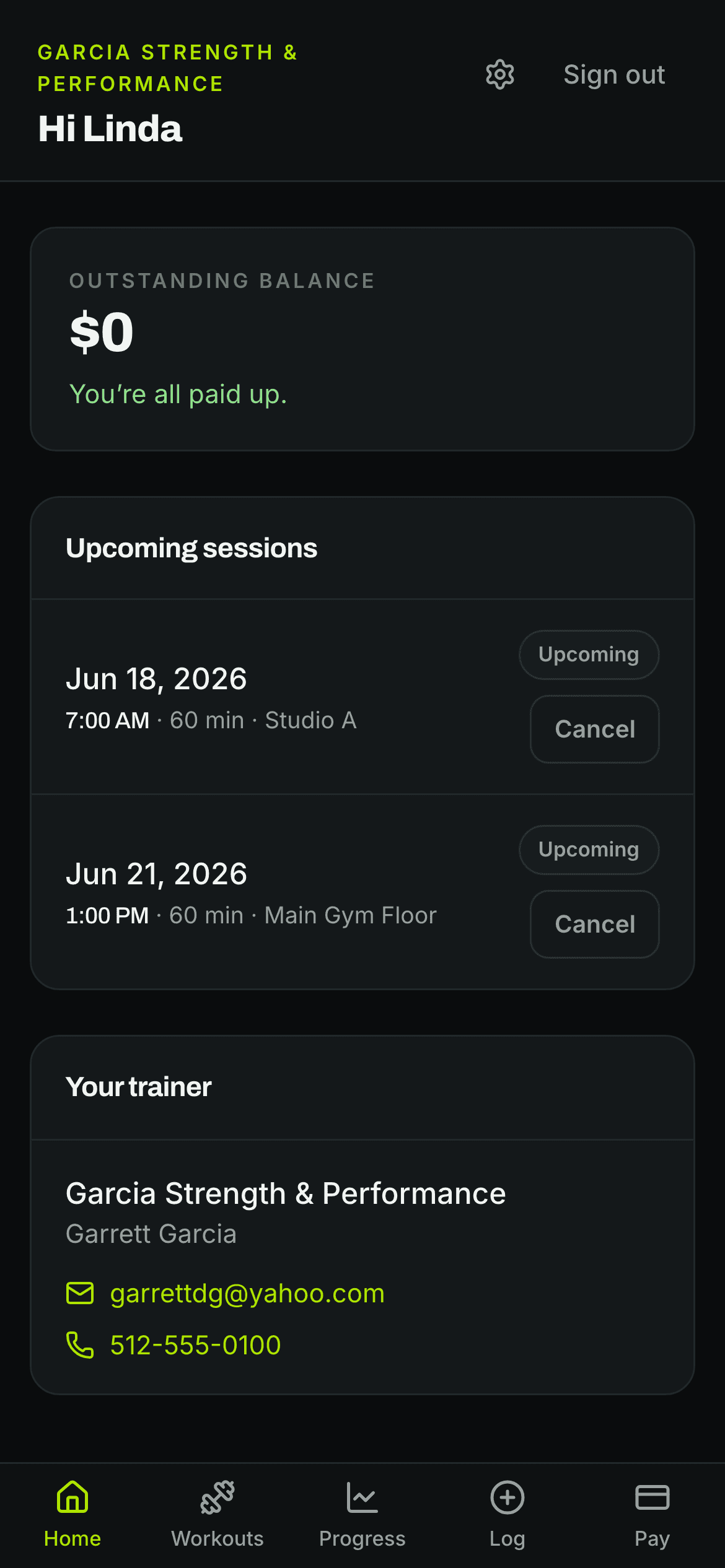 The client portal in Roster on a phone, showing upcoming sessions and balance